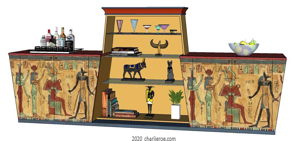 new ancient Egyptian Revival style Pylon shaped painted bookcase sideboard unit with decorative Egyptian designs