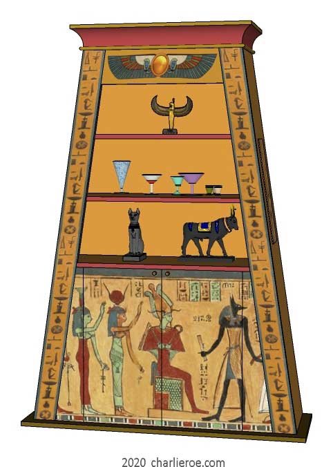 new ancient Egyptian Revival style Pylon shaped painted bookcase display cabinet drinks cabinet or home office shelving unit with decorative Egyptian designs