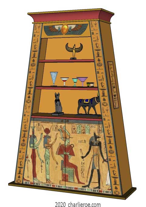 new ancient Egyptian Revival style Pylon shaped painted bookcase display cabinet drinks cabinet or home office shelving unit with decorative Egyptian designs