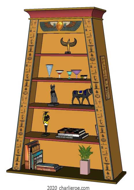 new ancient Egyptian Revival style Pylon shaped painted bookcase display cabinet drinks cabinet or home office shelving unit with decorative Egyptian designs