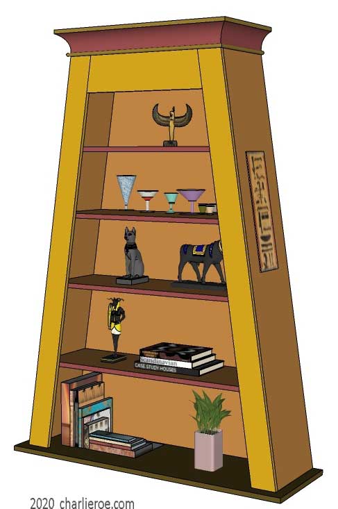 new ancient Egyptian Revival style Pylon shaped painted bookcase display cabinet drinks cabinet or home office shelving unit with decorative Egyptian designs
