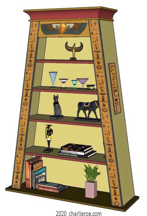 new ancient Egyptian Revival style Pylon shaped painted bookcase display cabinet drinks cabinet or home office shelving unit with decorative Egyptian designs