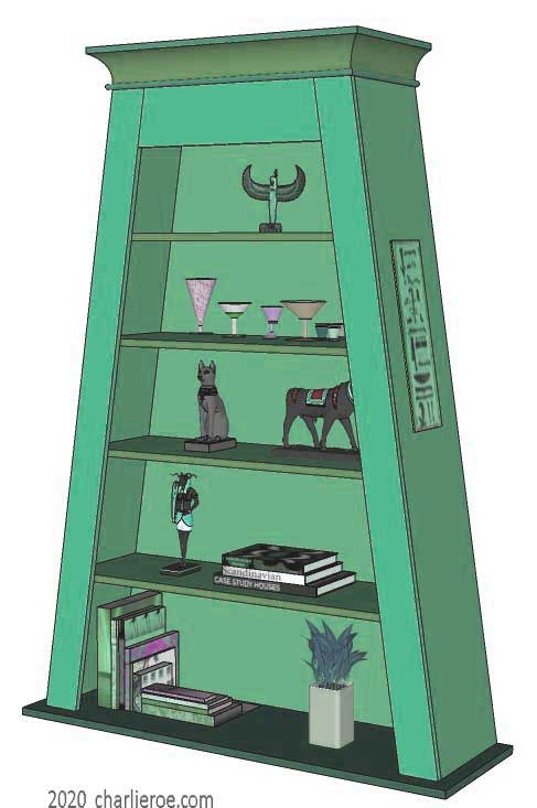 new ancient Egyptian Revival style Pylon shaped painted bookcase display cabinet drinks cabinet or home office shelving unit with decorative Egyptian designs, in Verdigris finish