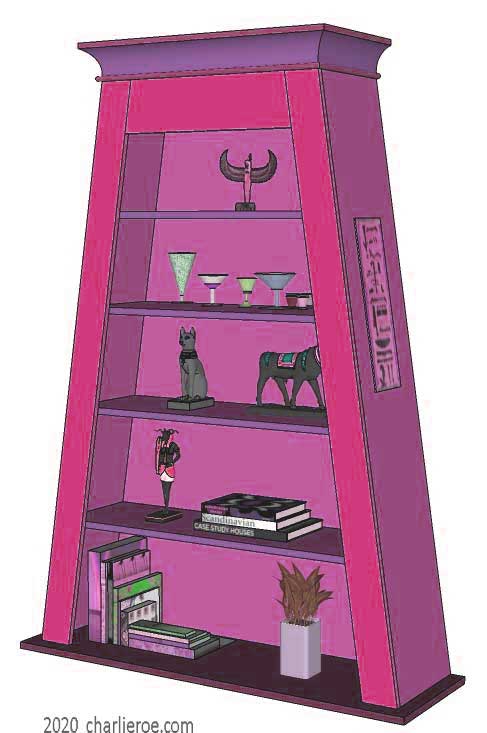new ancient Egyptian Revival style Pylon shaped painted bookcase display cabinet drinks cabinet or home office shelving unit with decorative Egyptian designs