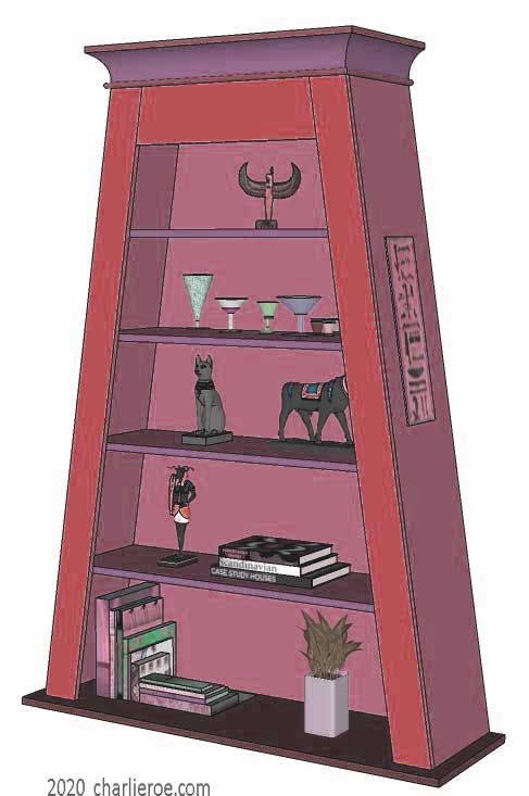 new ancient Egyptian Revival style Pylon shaped painted bookcase display cabinet drinks cabinet or home office shelving unit with decorative Egyptian designs, in terracotta finish
