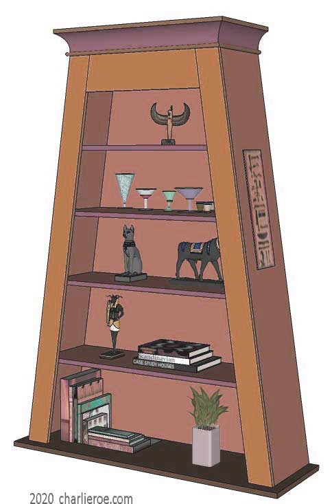new ancient Egyptian Revival style Pylon shaped painted bookcase display cabinet drinks cabinet or home office shelving unit with decorative Egyptian designs
