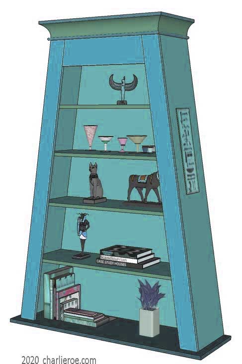 new ancient Egyptian Revival style Pylon shaped painted bookcase display cabinet drinks cabinet or home office shelving unit with decorative Egyptian designs