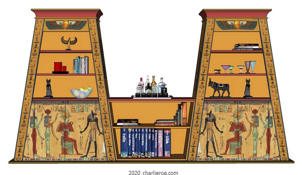 new ancient Egyptian Revival style Pylon shaped painted bookcases display cabinet media center unit with decorative Egyptian designs