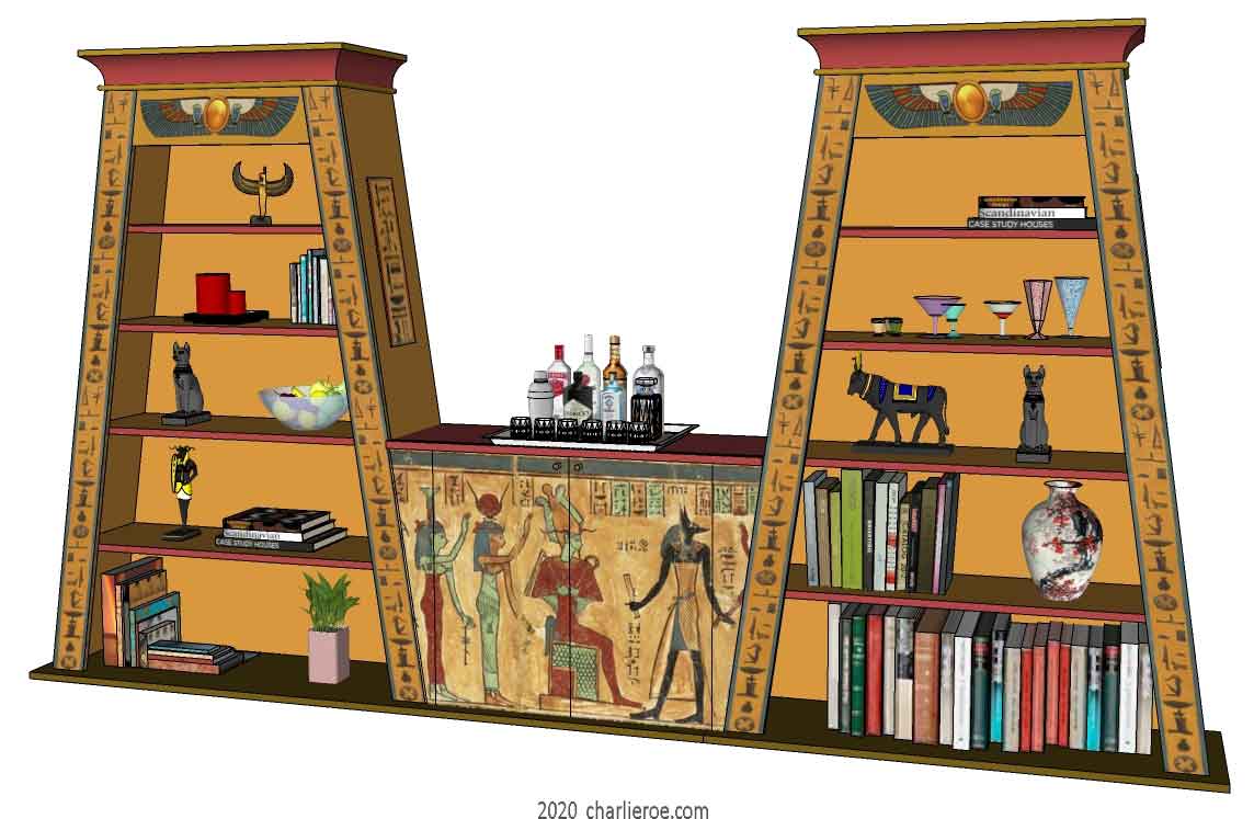 new ancient Egyptian Revival style Pylon shaped painted bookcase display cabinet drinks cabinet or home office shelving unit with decorative Egyptian designs