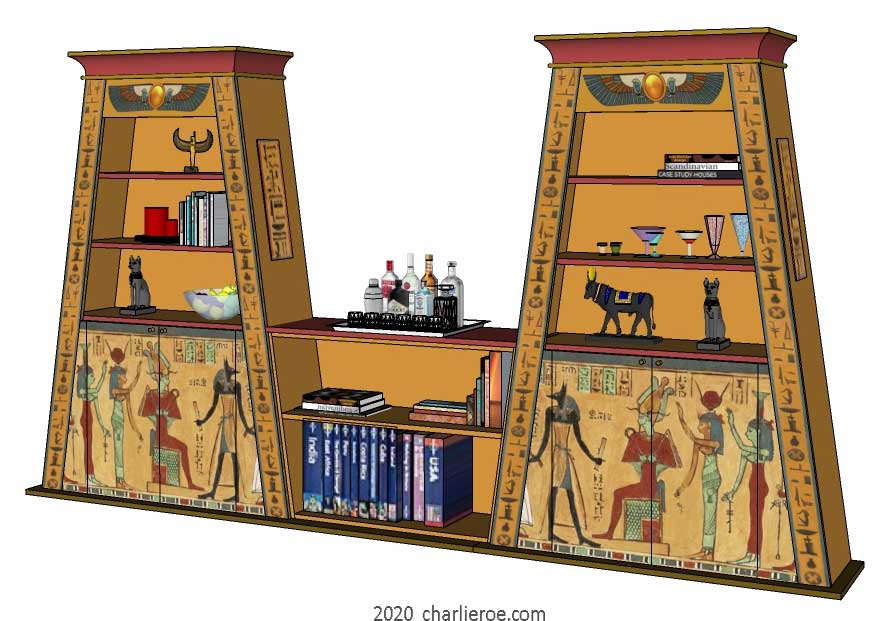 new ancient Egyptian Revival style Pylon shaped painted bookcase display cabinet drinks cabinet or home office shelving unit with decorative Egyptian designs
