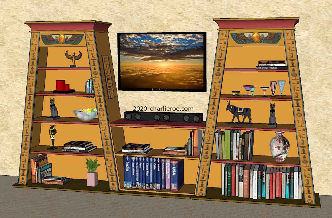 new ancient Egyptian Revival style Pylon shaped painted bookcase display cabinet drinks cabinet or home office shelving unit with decorative Egyptian designs