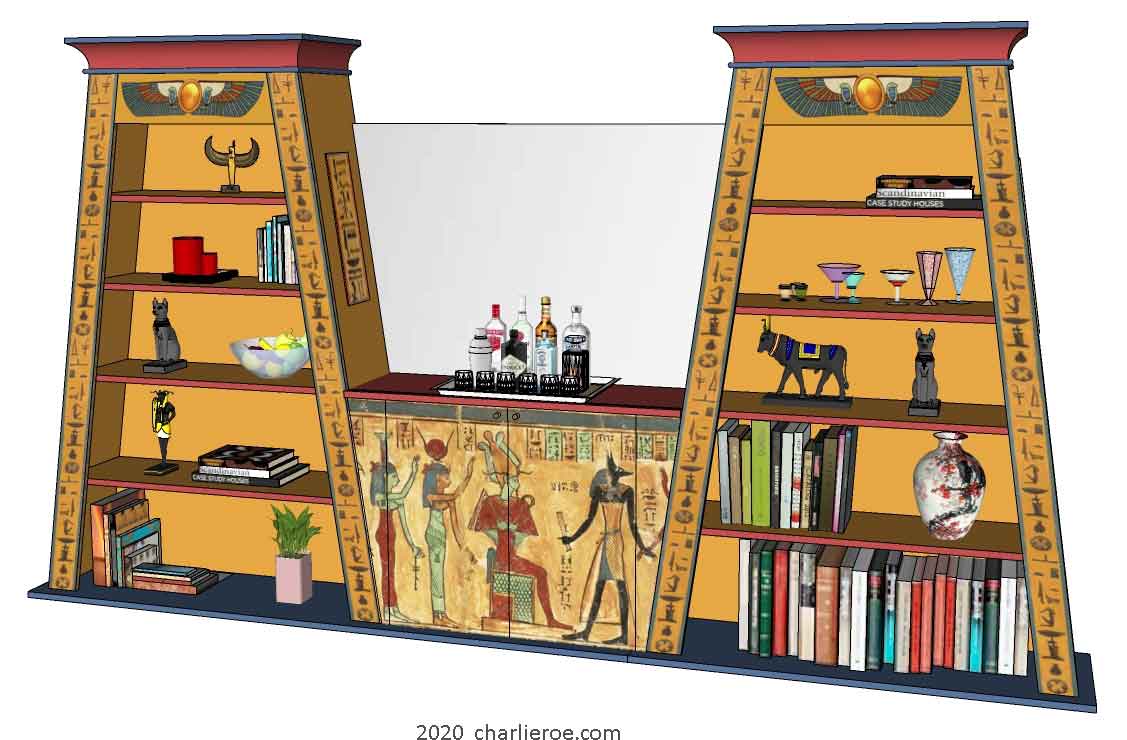 new ancient Egyptian Revival style Pylon shaped painted bookcase display cabinet drinks cabinet or home office shelving unit with decorative Egyptian designs
