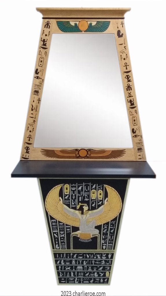 new ancient Egyptian Revival style Pylon shaped painted console table cabinet with matching Pylon shape wall mirror with decorative Egyptian designs & heiroglyphs