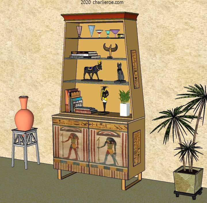 new ancient Egyptian Revival style painted display cabinet bookcase with decorative Egyptian designs