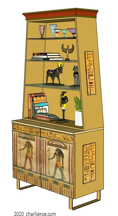new ancient Egyptian Revival style painted display cabinet bookcase with decorative Egyptian designs