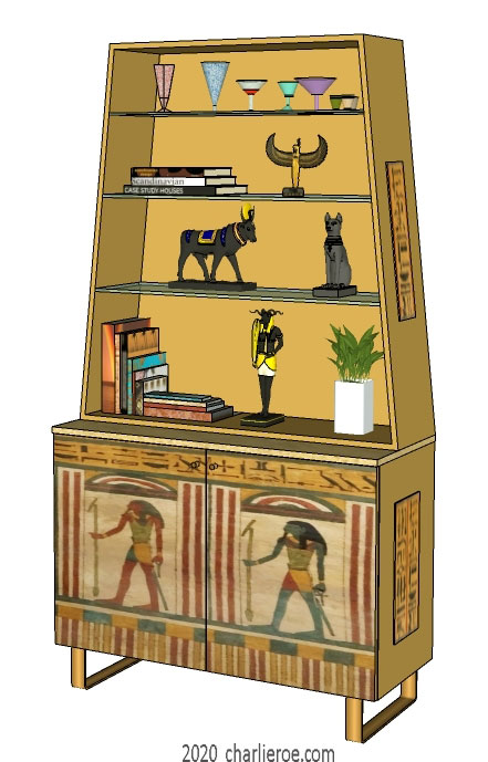 new ancient Egyptian Revival style painted display cabinet bookcase with decorative Egyptian designs