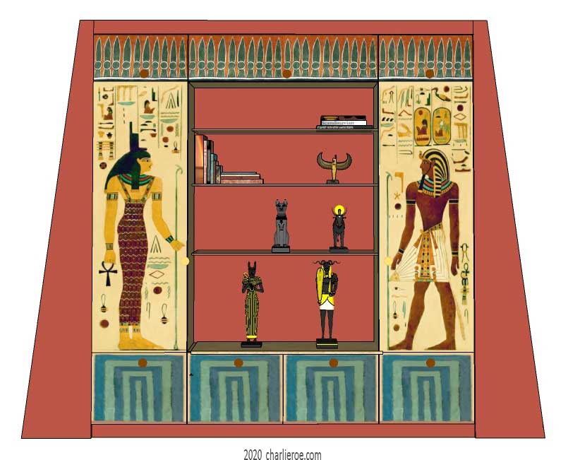 new ancient Egyptian Revival style painted media center display cabinet bookcase with decorative Egyptian designs