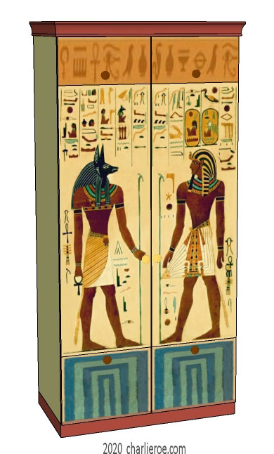 new ancient Egyptian Revival style painted media center display cabinet bookcase with decorative Egyptian designs