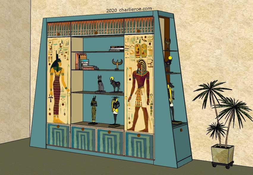 new ancient Egyptian Revival style painted media center display cabinet bookcase with decorative Egyptian designs