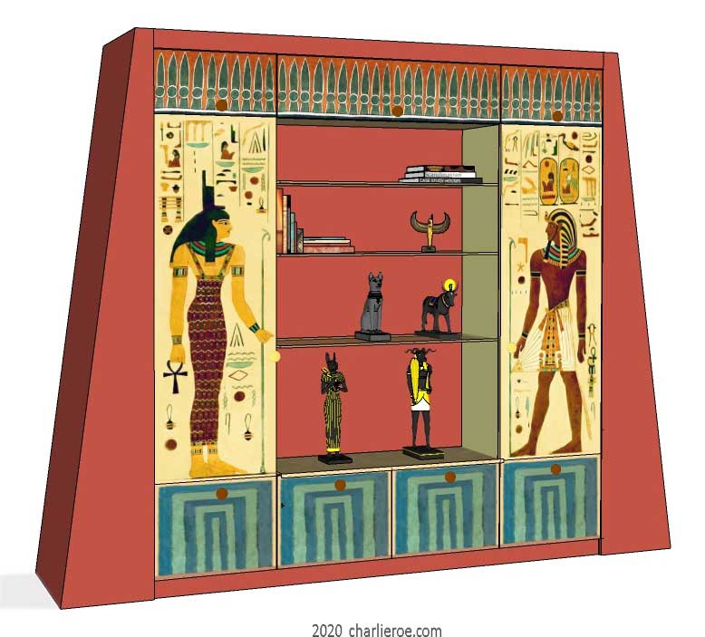 new ancient Egyptian Revival style painted media center display cabinet bookcase with decorative Egyptian designs