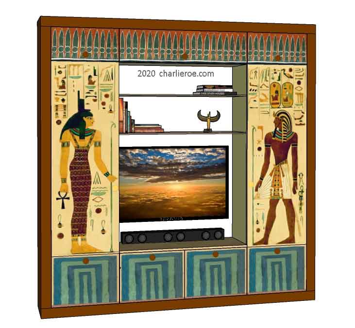new ancient Egyptian Revival style painted media center display cabinet bookcase with decorative Egyptian designs