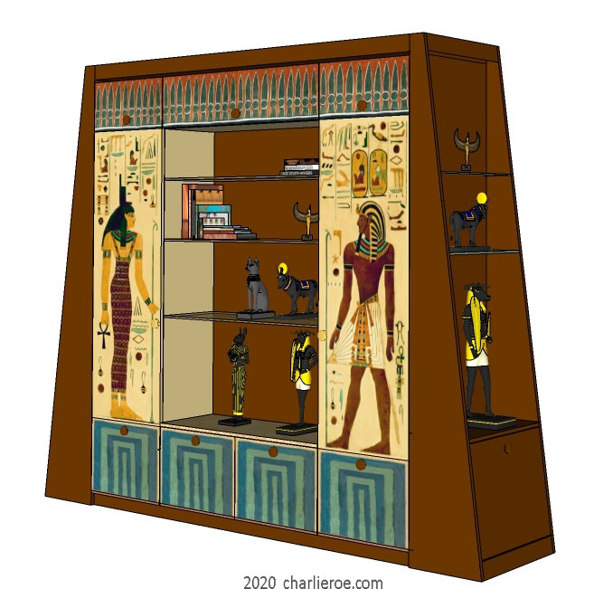 new ancient Egyptian Revival style painted media center display cabinet bookcase with decorative Egyptian designs