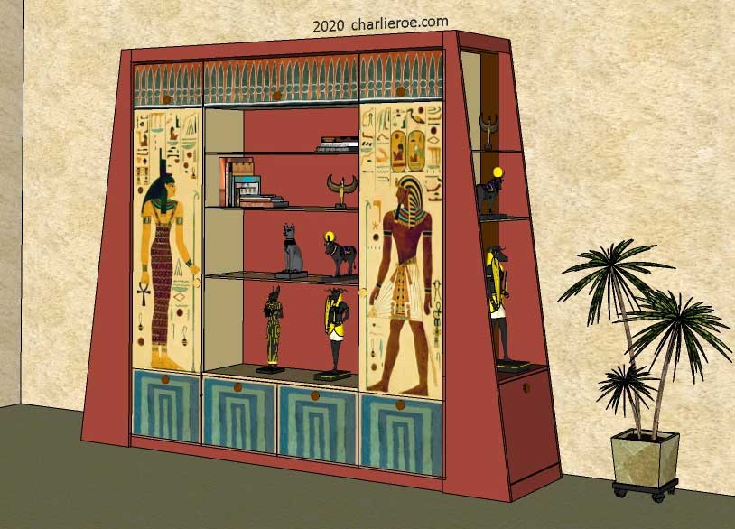 new ancient Egyptian Revival style painted media center display cabinet bookcase with decorative Egyptian designs