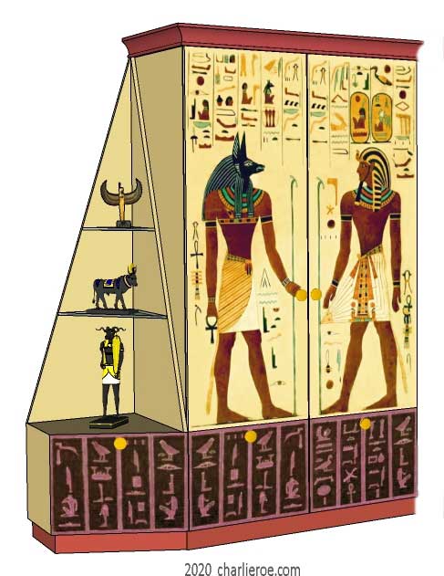 new ancient Egyptian Revival style painted media center display cabinet bookcase with decorative Egyptian designs