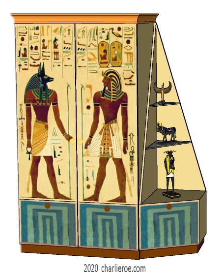 new ancient Egyptian Revival style painted media center display cabinet bookcase with decorative Egyptian designs