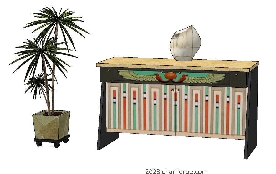 new ancient Egyptian Revival style painted 2 door console table cabinet with decorative Egyptian designs