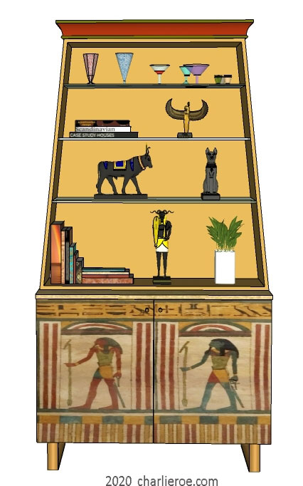 new ancient Egyptian Revival style painted display cabinet bookcase with decorative Egyptian designs