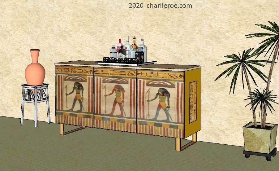 new ancient Egyptian Revival style painted sideboard drinks cabinet with decorative Egyptian designs & sledge feet