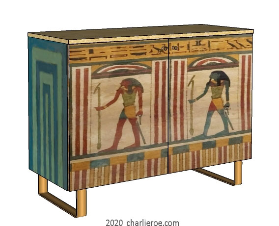 new ancient Egyptian Revival style painted 2 door sideboard drinks cabinet with decorative Egyptian designs & sledge feet