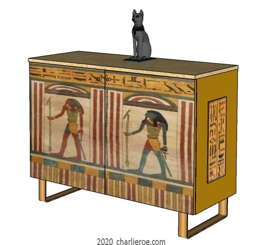 new ancient Egyptian Revival style painted 2 door sideboard drinks cabinet with decorative Egyptian designs & sledge feet
