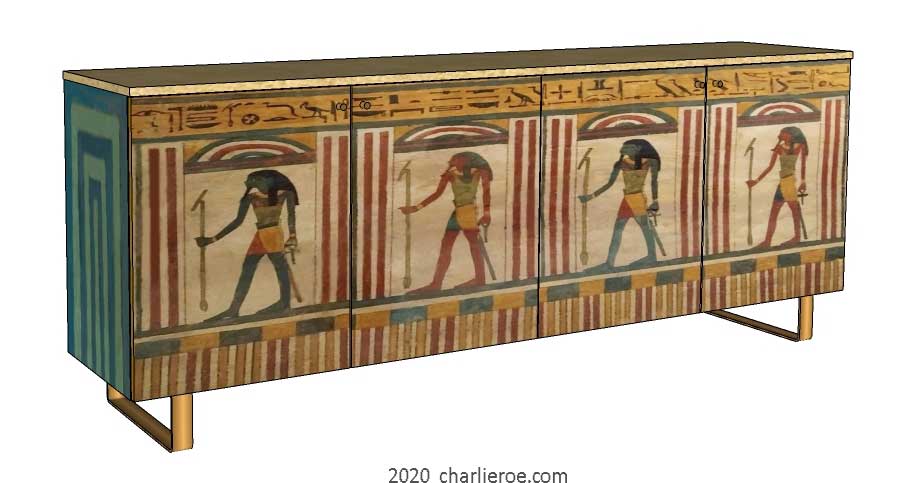 new ancient Egyptian Revival style painted 4 door sideboard drinks cabinet with decorative Egyptian designs & sledge feet