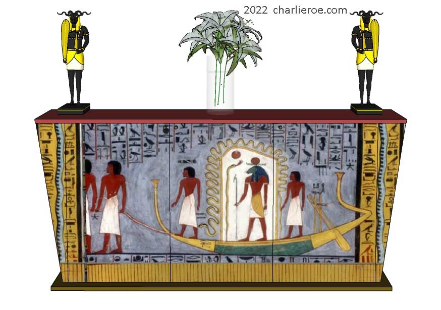 new ancient Egyptian Revival style painted 3 door sideboard with sloping sides & decorative Egyptian designs