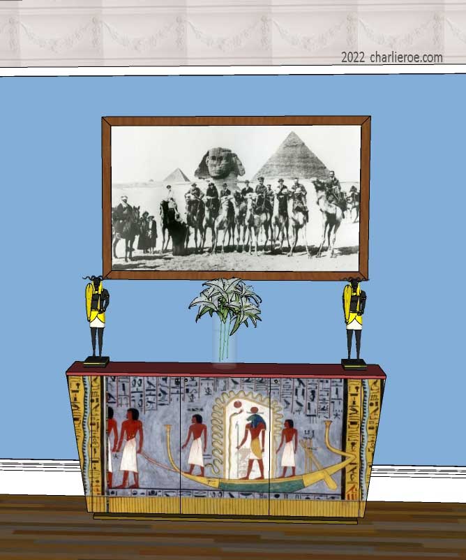 new ancient Egyptian Revival style painted 3 door sideboard with sloping sides & decorative Egyptian designs