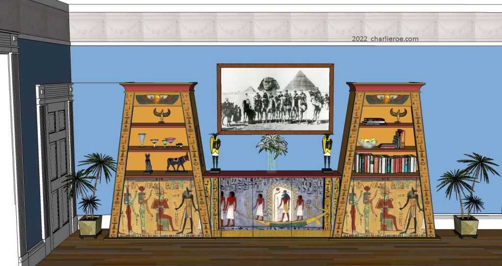 new ancient Egyptian Revival style pair of painted Pylon bookcases & 3 door sideboard with sloping sides & decorative Egyptian designs