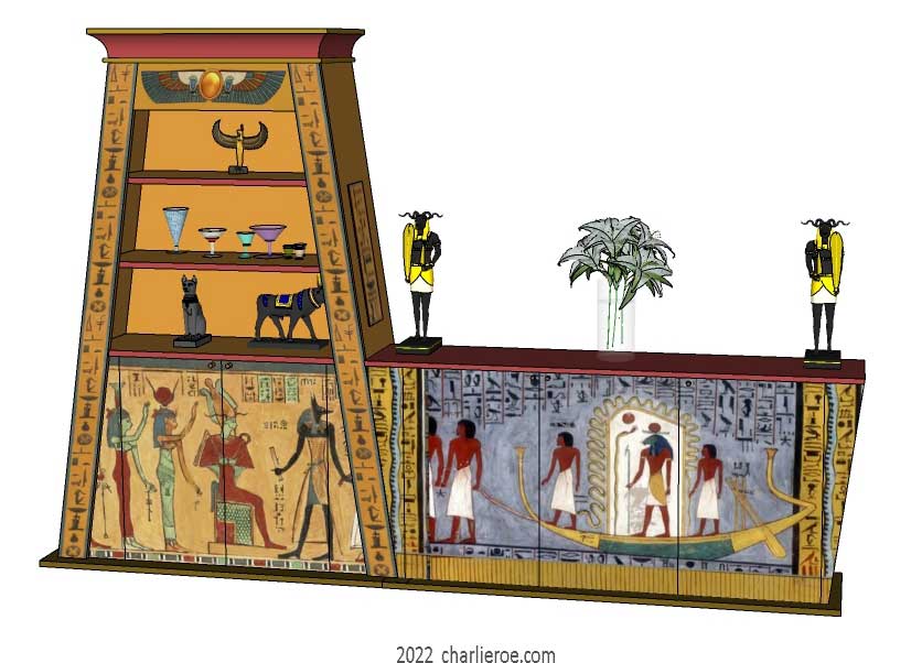 new ancient Egyptian Revival style painted Pylon bookcase & 3 door sideboard with sloping sides & decorative Egyptian designs