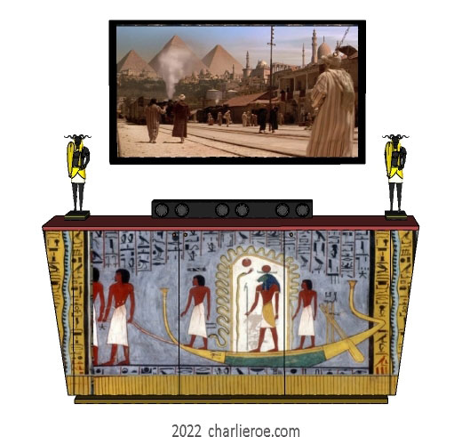 new ancient Egyptian Revival style painted 3 door sideboard with sloping sides & decorative Egyptian designs used as an entertainment center