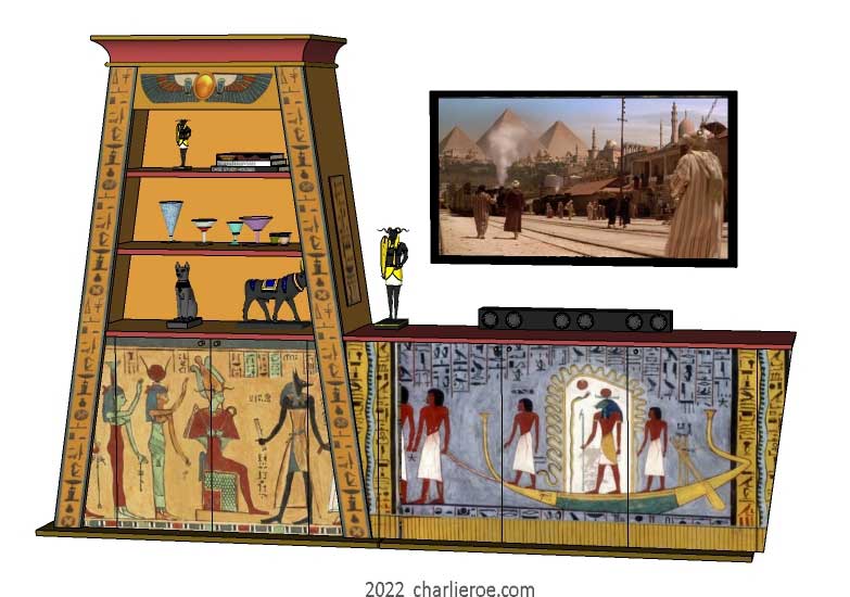 new ancient Egyptian Revival style painted Pylon bookcase & 3 door sideboard with sloping sides & decorative Egyptian designs used as an entertainment center