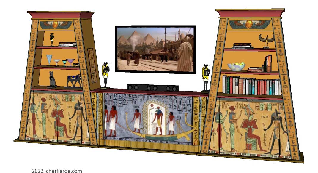 new ancient Egyptian Revival style painted pair of Pylon bookcases & 3 door sideboard with sloping sides & decorative Egyptian designs used as an entertainment center