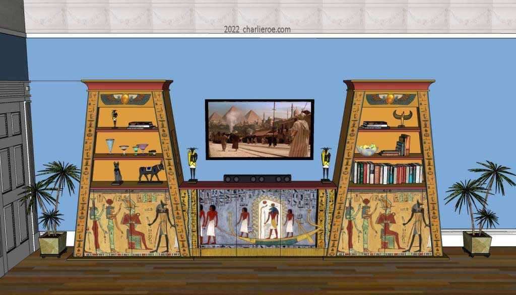 new ancient Egyptian Revival style pair of painted Pylon bookcases & 3 door sideboard with sloping sides & decorative Egyptian designs used as an entertainment center