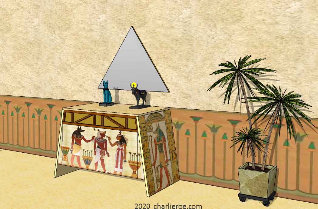 new ancient Egyptian Revival style painted 2 door sideboard drinks cabinet with sloping sides, a pyramid mirror & decorative Egyptian designs