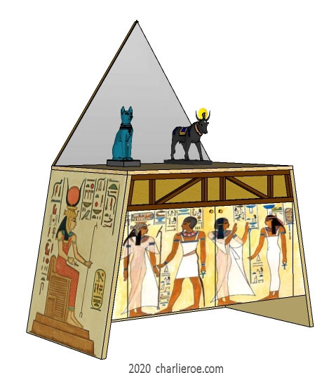 new ancient Egyptian Revival style painted 2 door sideboard drinks cabinet with sloping sides, a pyramid mirror & decorative Egyptian designs
