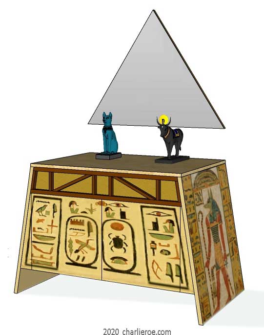 new ancient Egyptian Revival style painted 2 door sideboard drinks cabinet with sloping sides, a pyramid mirror & decorative Egyptian designs