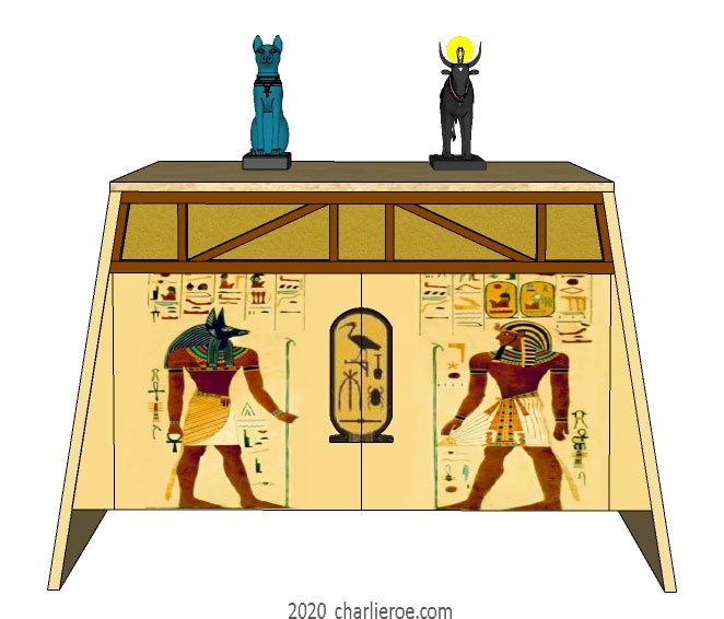 new ancient Egyptian Revival style painted 2 door sideboard drinks cabinet with sloping sides & decorative Egyptian designs
