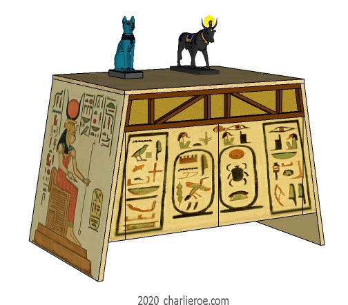 new ancient Egyptian Revival style painted 2 door sideboard drinks cabinet with sloping sides & decorative Egyptian designs