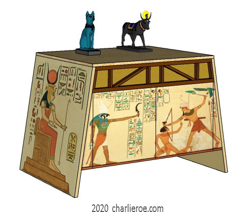new ancient Egyptian Revival style painted 2 door sideboard drinks cabinet with sloping sides & decorative Egyptian designs