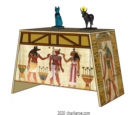 new ancient Egyptian Revival style painted 2 door sideboard drinks cabinet with sloping sides, a pyramid mirror & decorative Egyptian designs
